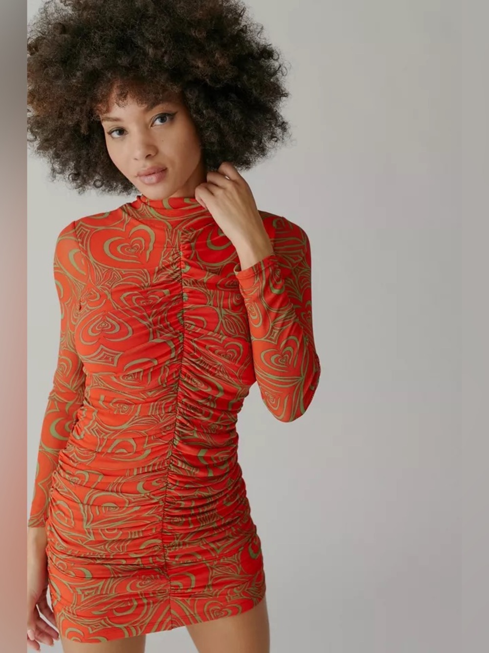 Lisa Says Gah Ruched Heart Print Mesh Mini Dress Red Long Sleeve NWT Size Large